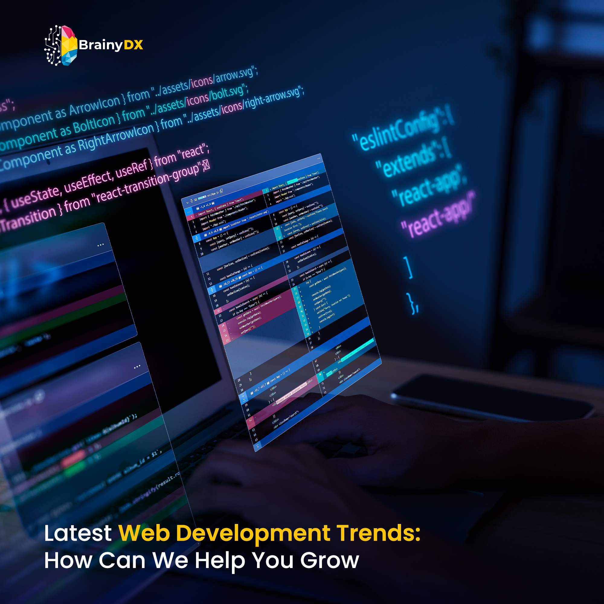 A graphic showing a computer screen with a website on it showing Latest web development trends